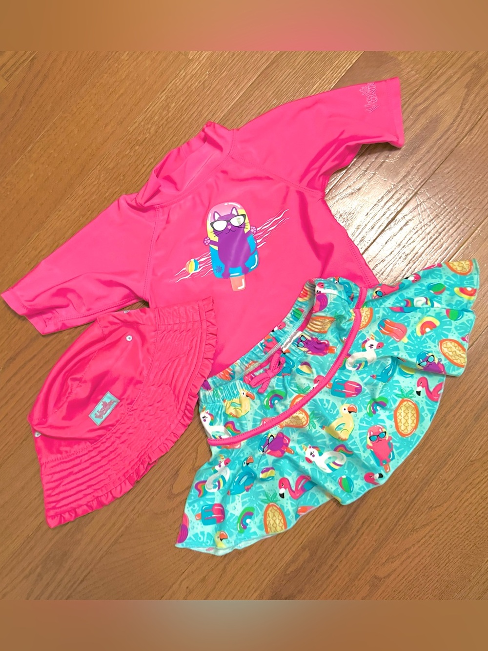 Girls' Pink Rash Guard Swim Set with Tropical Skirt and Hat